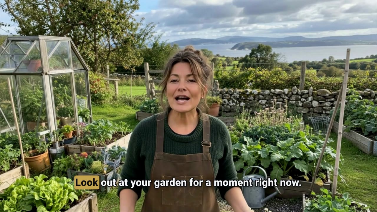 Nora presenting in her garden with spoken-word captions, from an actual Vidslug video.